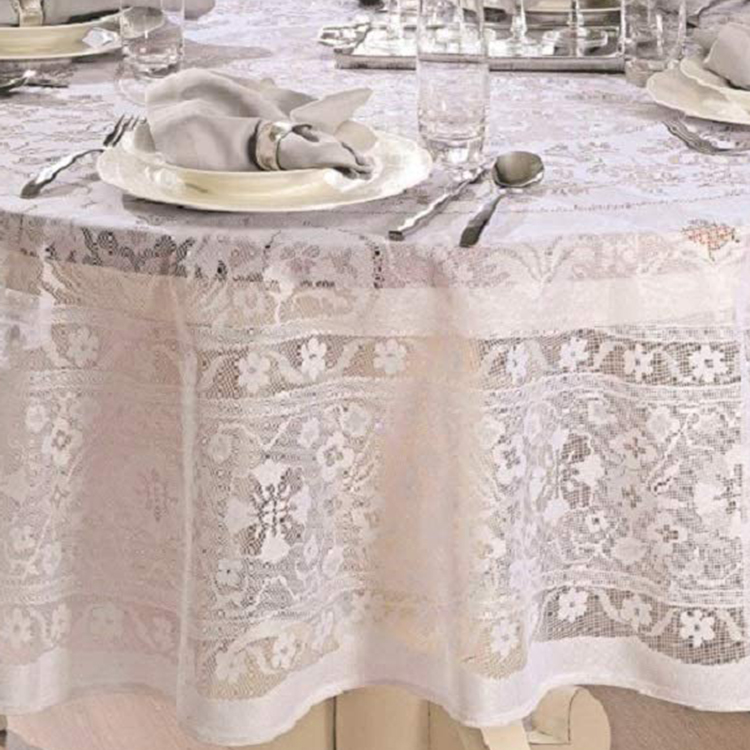 Tessuto per tovaglie rotonde in jacquard floreale con rivestimento in pizzo bianco per la festa di nozze