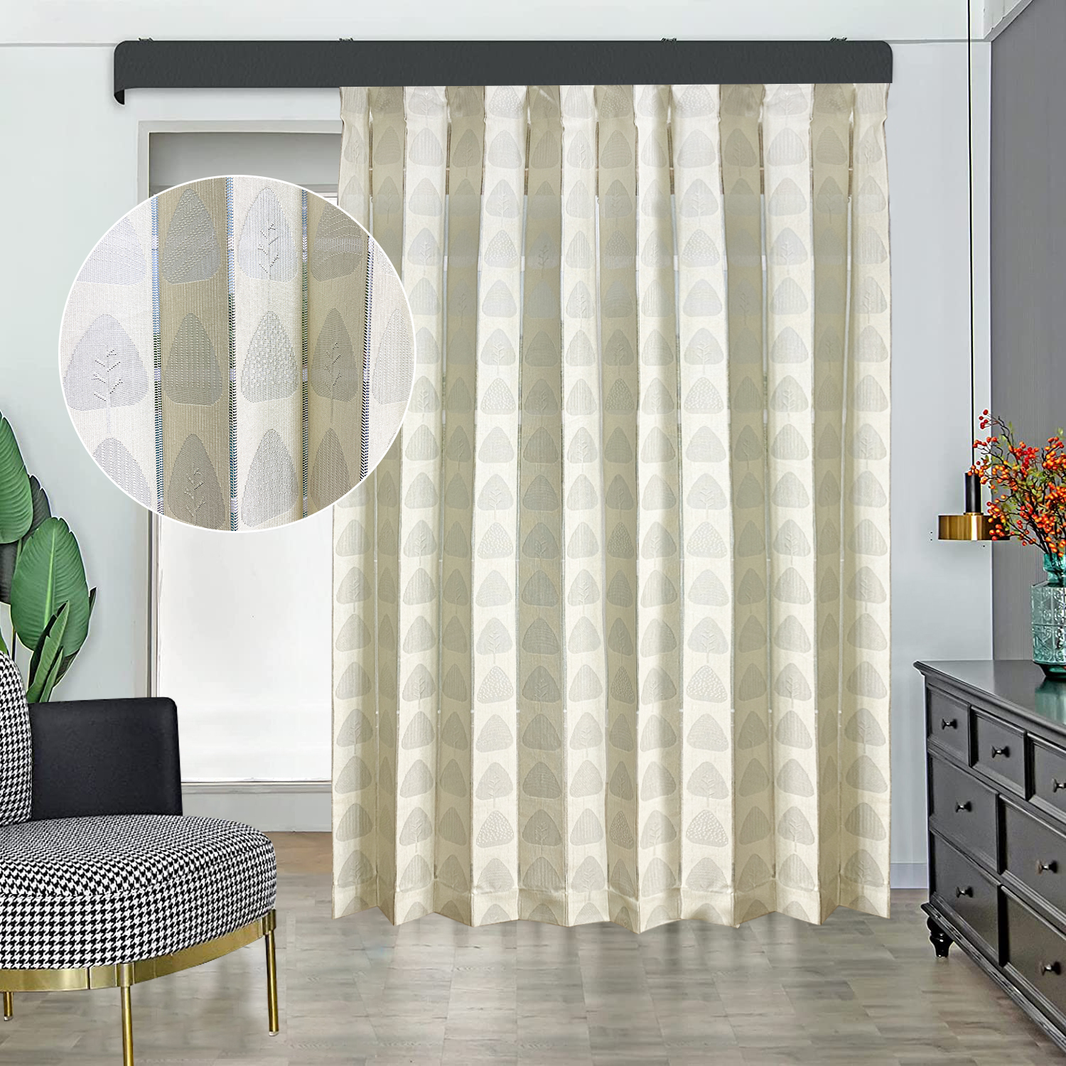 Soggiorno tende oscuranti alberi beige divisorio porta tende veneziane jacquard tessuto finestra