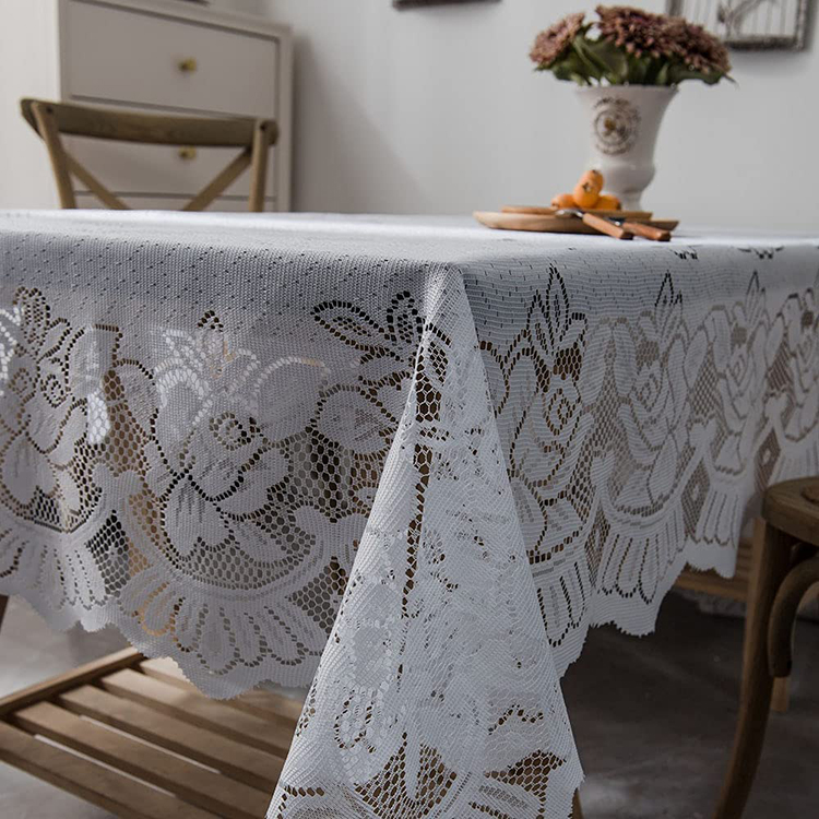 Tessuto per tovaglia da matrimonio in pizzo floreale in poliestere jacquard bianco con copertura rettangolare in tulle